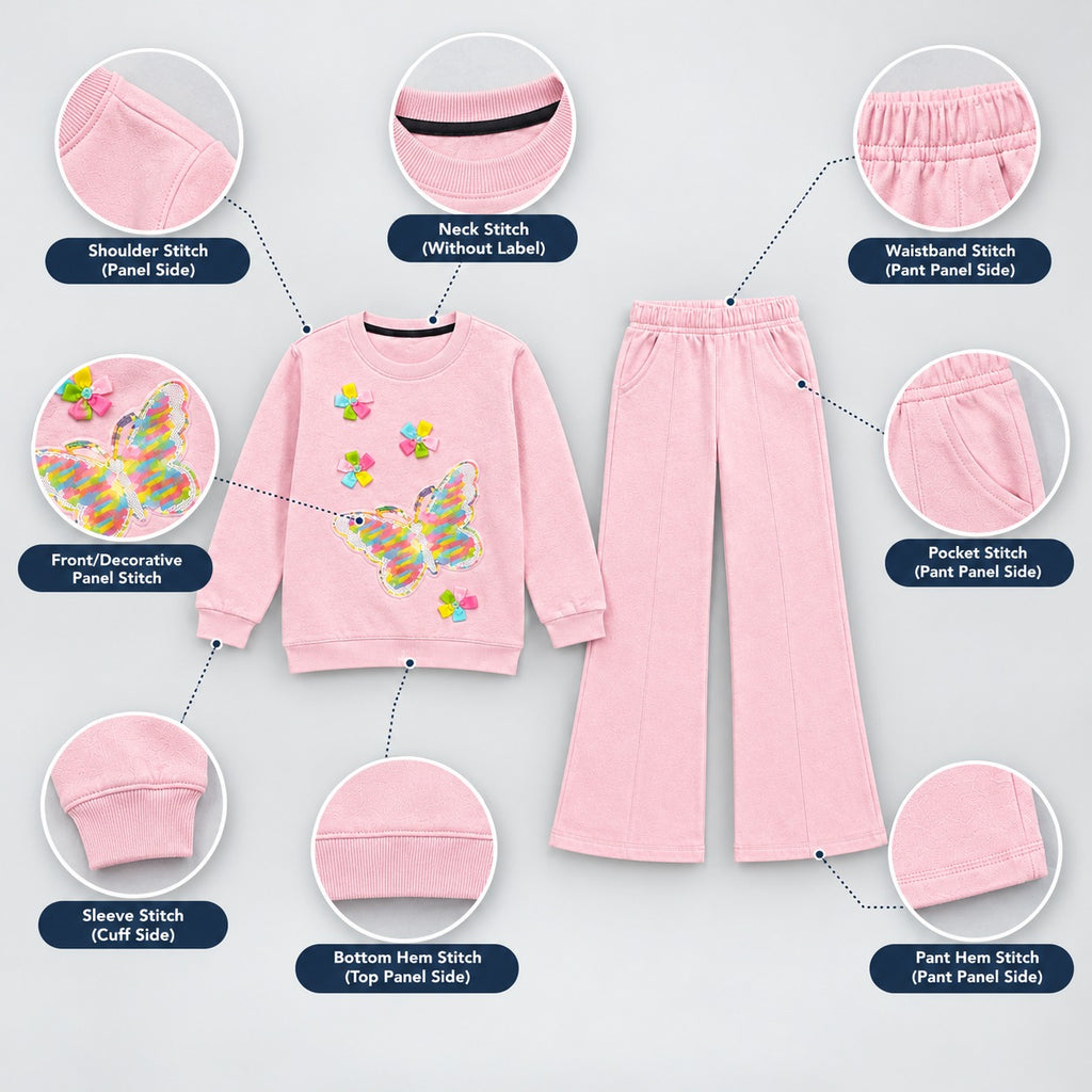 Girls Pink Butterfly Printed Sweatshirt & Flared Trouser Set