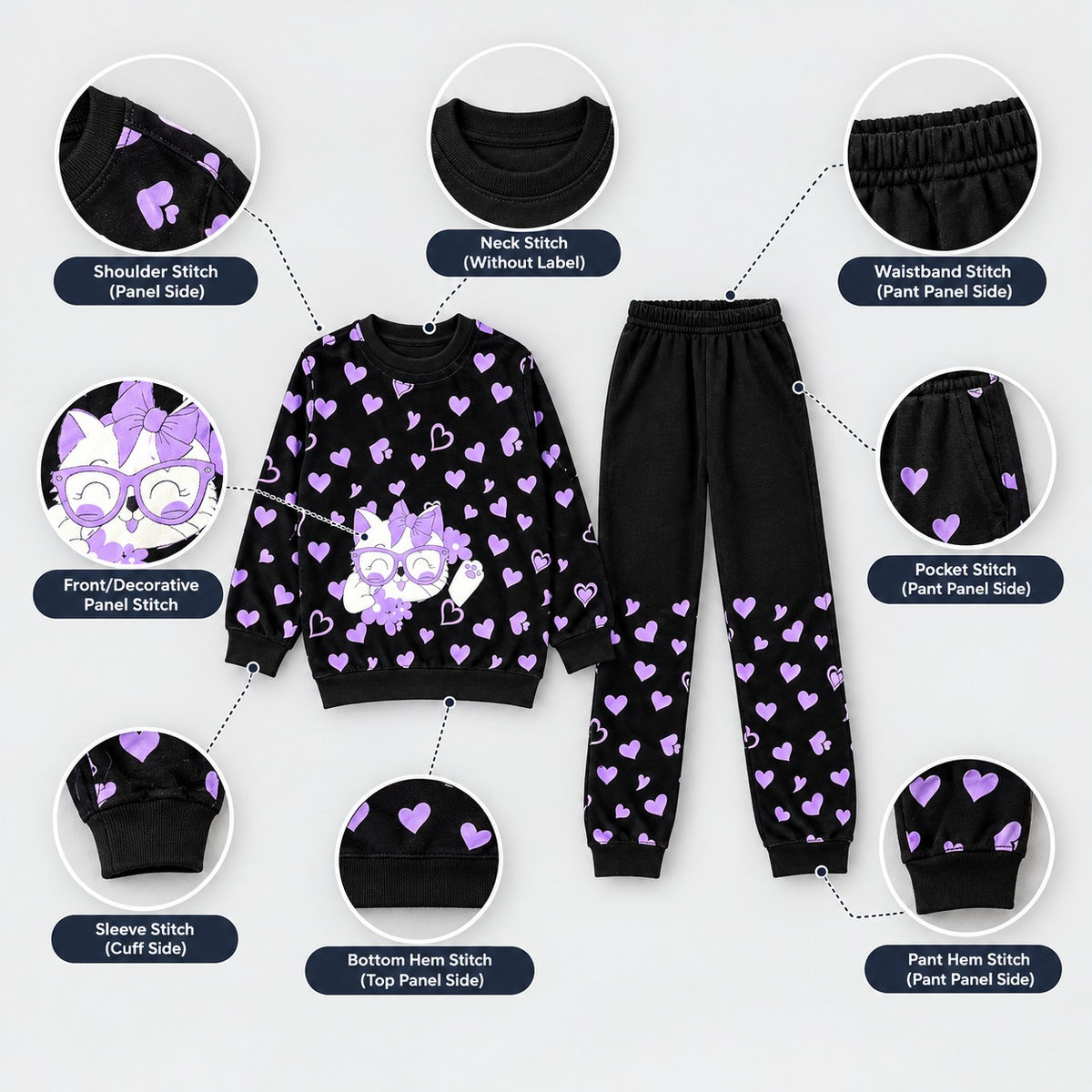 Girls Black & Purple Heart Printed Sweatshirt & Trouser Set