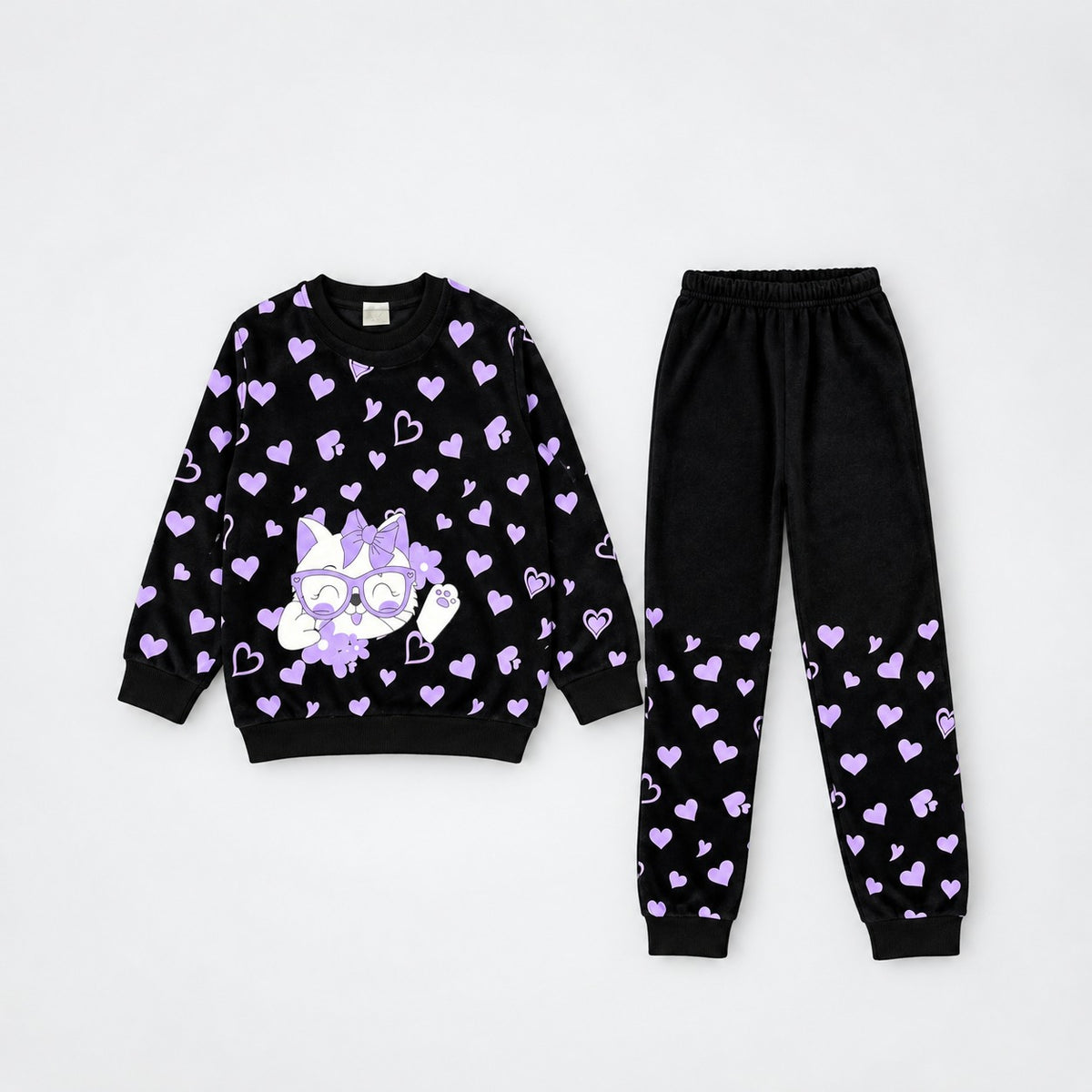 Girls Black & Purple Heart Printed Sweatshirt & Trouser Set