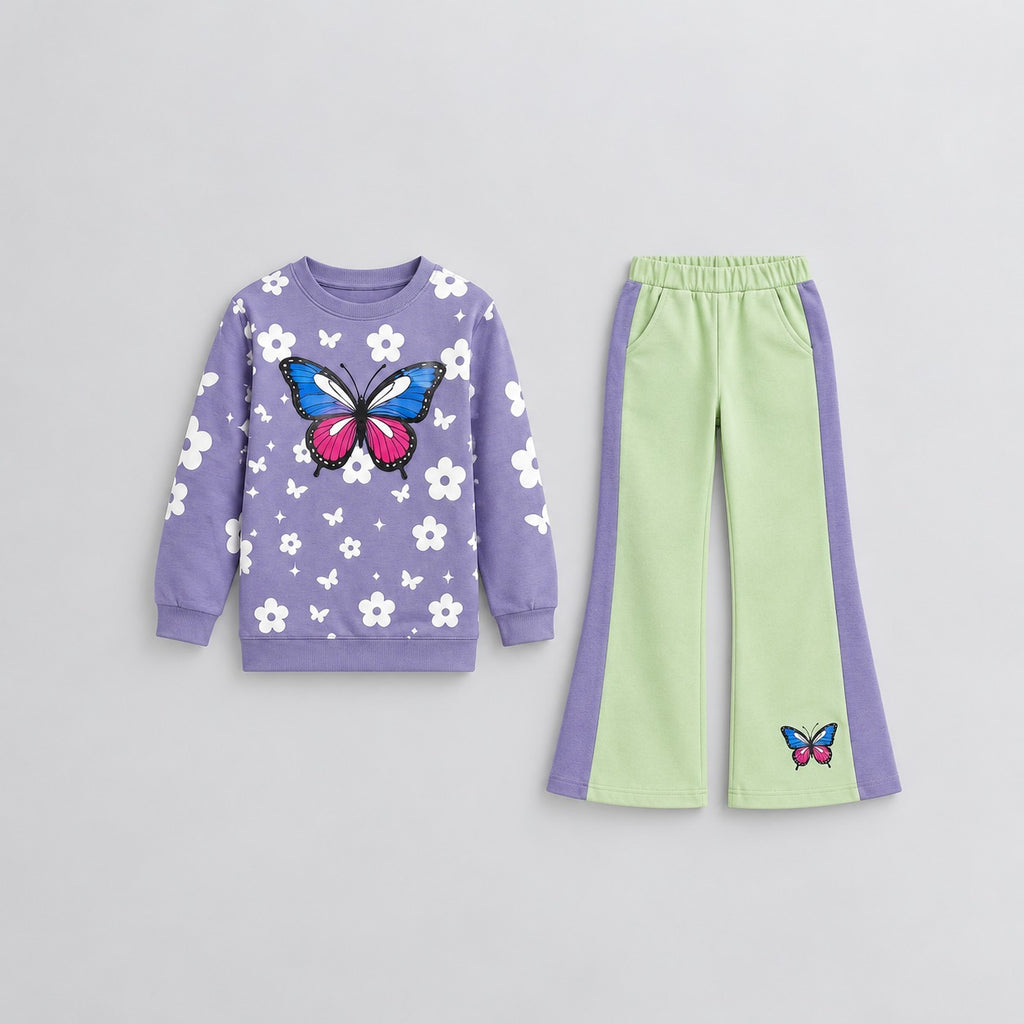 Girls Floral & Butterfly Print Sweatshirt Set – Cute 2-Piece Tracksuit Outfit