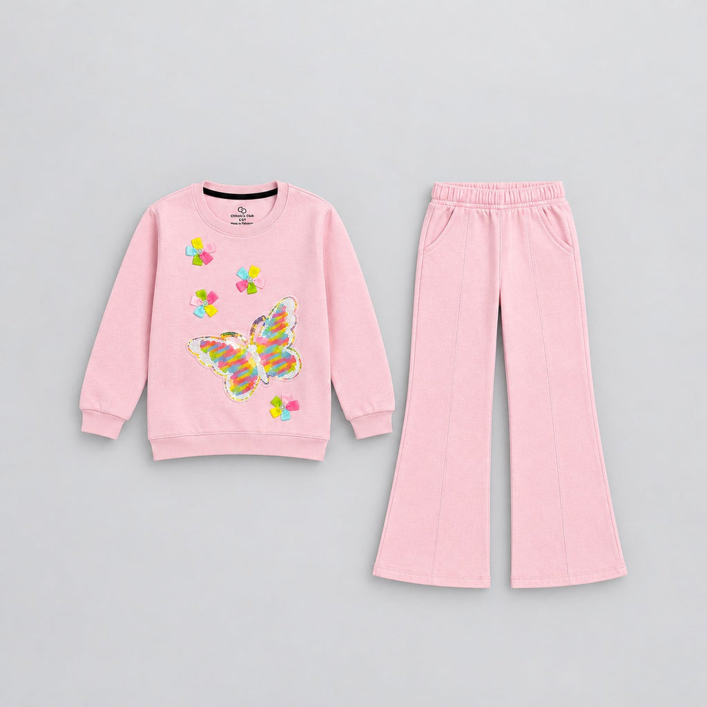 Girls Pink Butterfly Printed Sweatshirt & Flared Trouser Set