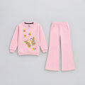 Girls Pink Butterfly Printed Sweatshirt & Flared Trouser Set