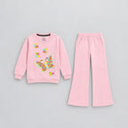 Girls Pink Butterfly Printed Sweatshirt & Flared Trouser Set