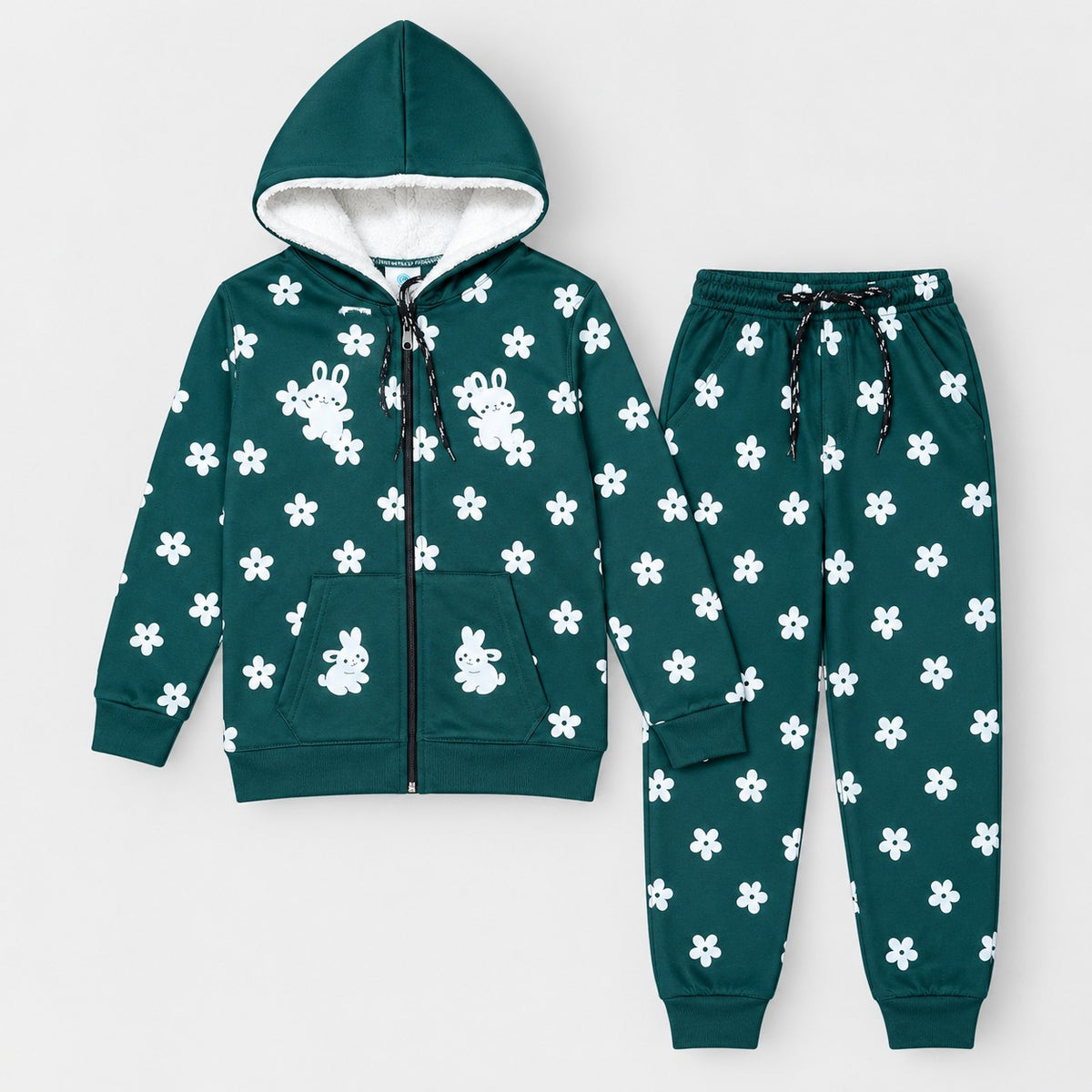 Kids Floral & Bunny Print Sherpa-Lined Zip Hoodie Set