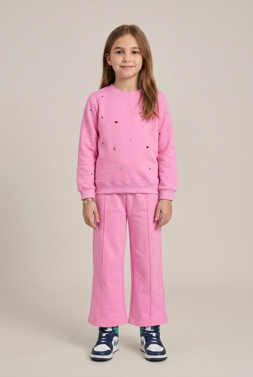 Stylish Girls Rhinestone-Embellished Fleece Tracksuit