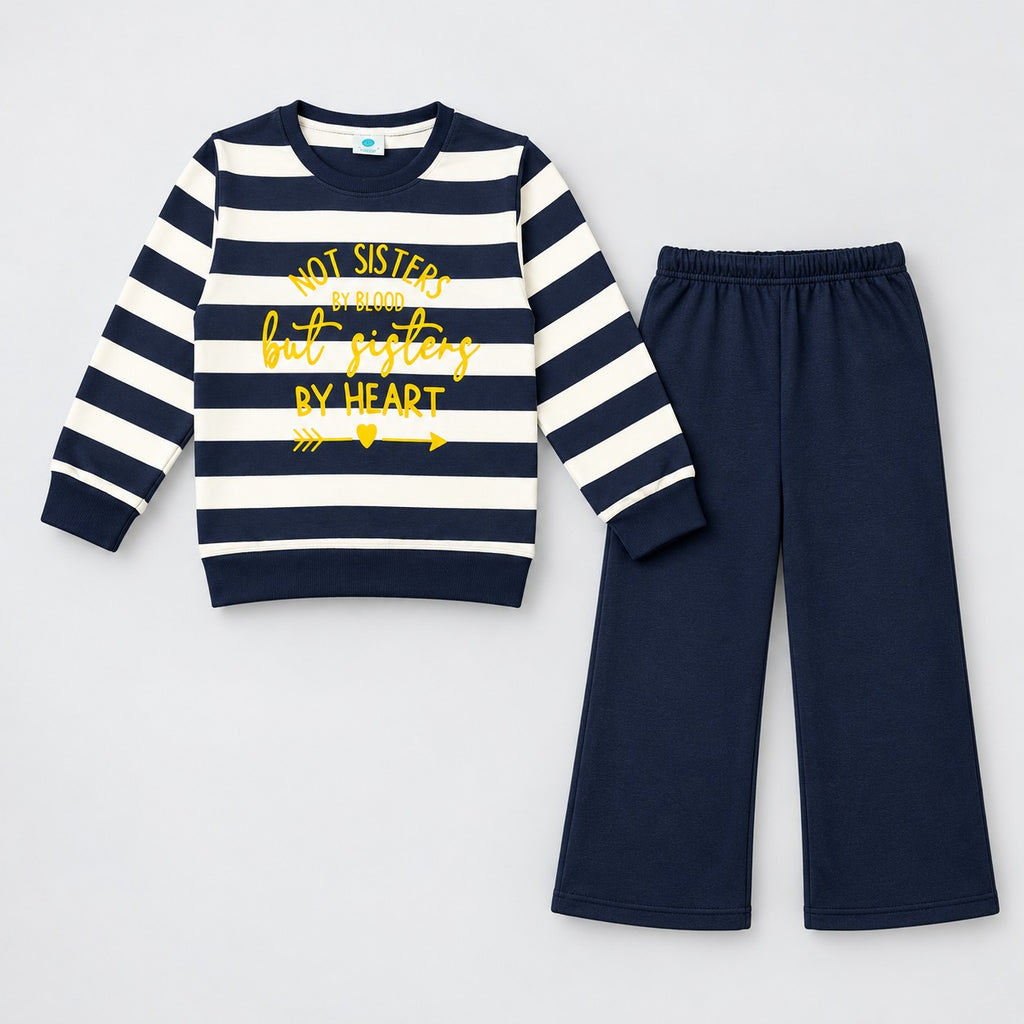 Girls Navy & White Striped "Sisters By Heart" Sweatshirt & Trousers Set