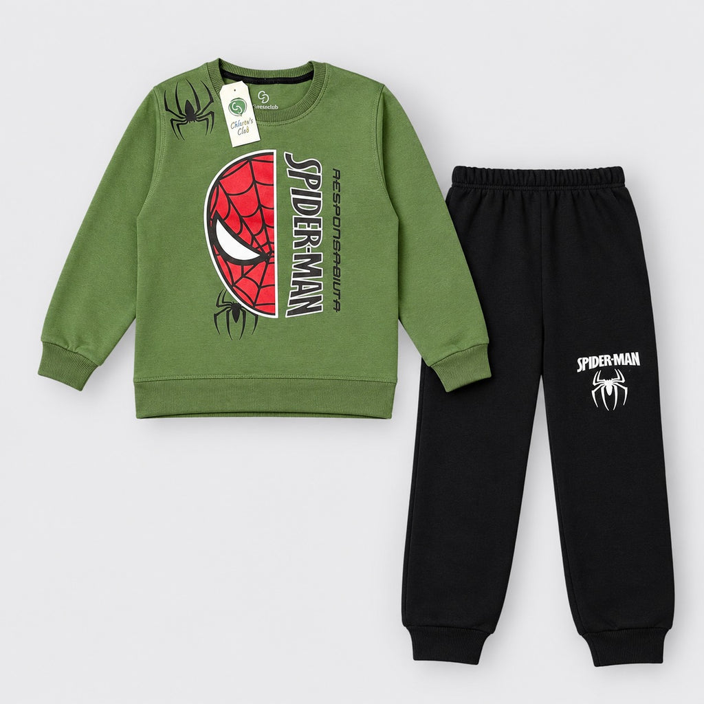 Boys Olive Green & Black Spider-Man Printed Sweatshirt & Trackpants Set