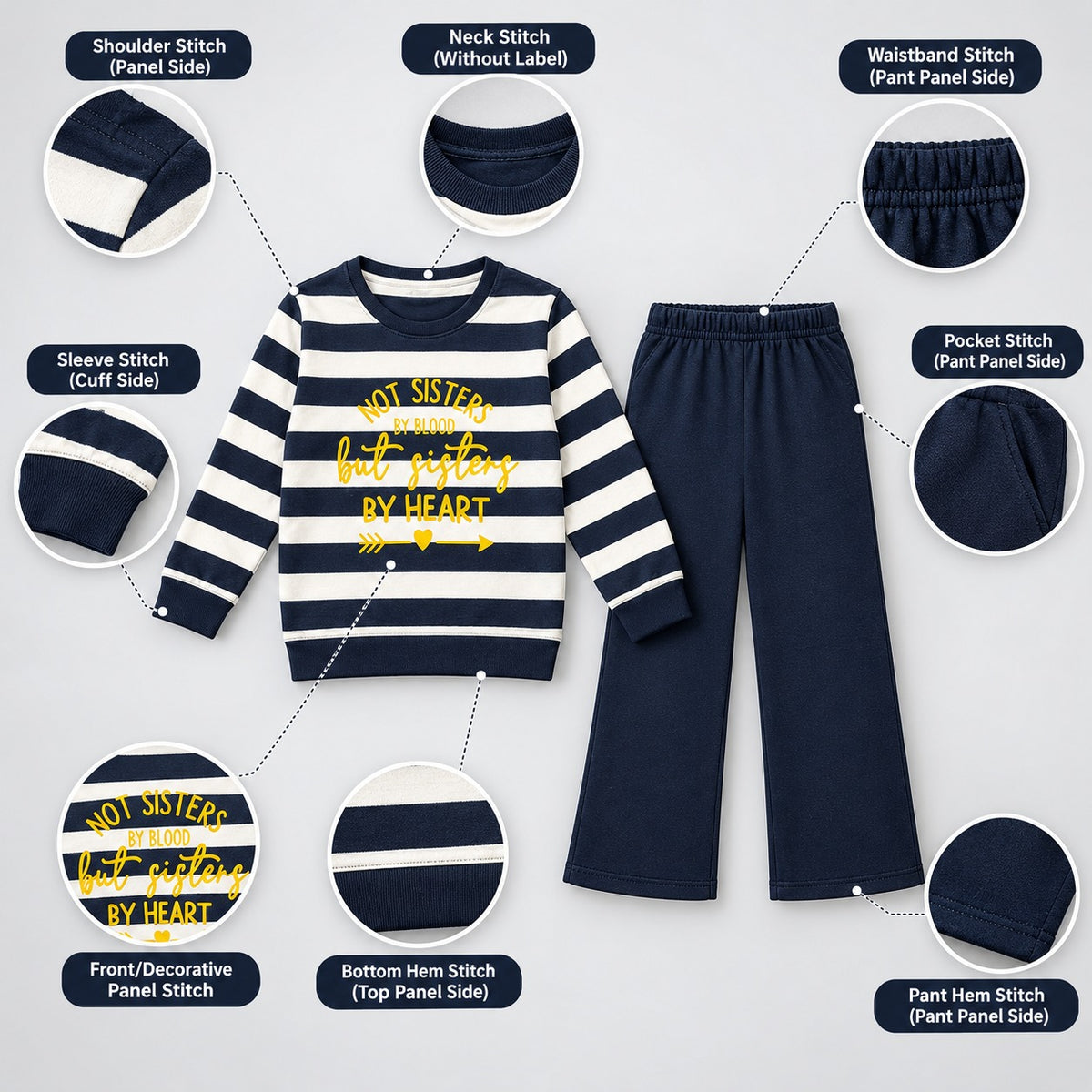 Girls Navy & White Striped "Sisters By Heart" Sweatshirt & Trousers Set