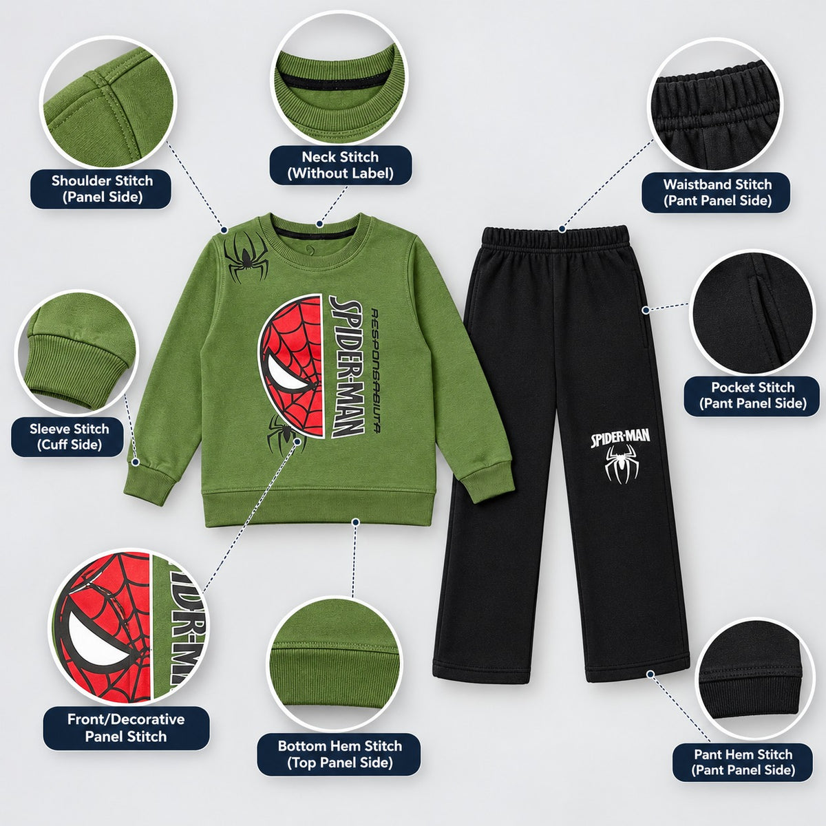 Boys Olive Green & Black Spider-Man Printed Sweatshirt & Trackpants Set