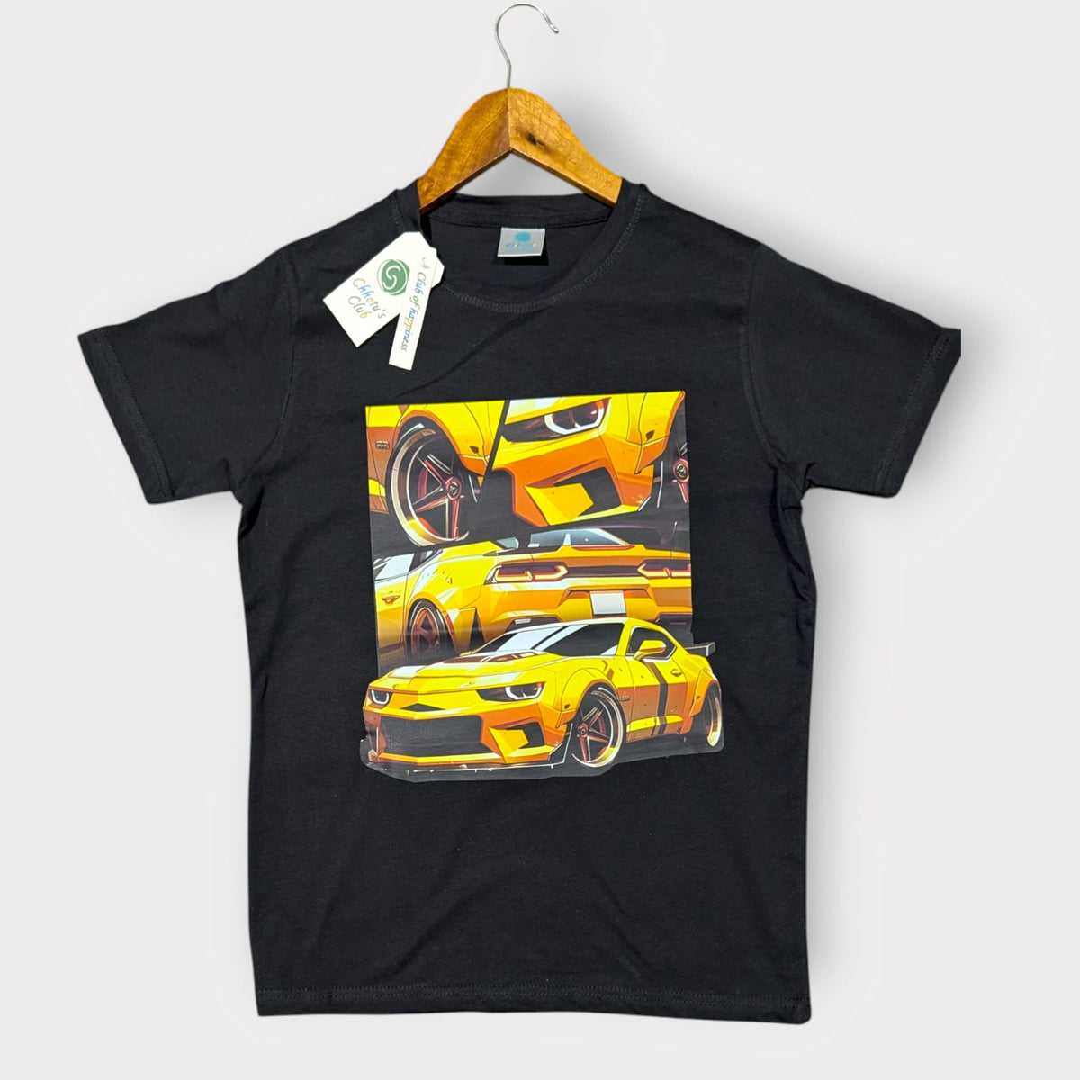 Yellow Sports Car Kids Graphic T-Shirt – Black Short Sleeve Tee