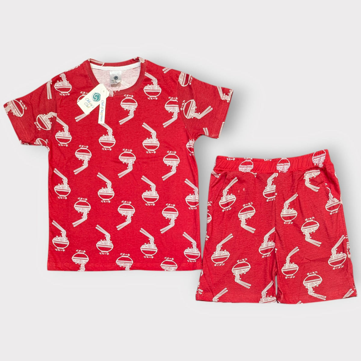 Ramen Print Red Co-Ord Set – Kids Cotton T-Shirt & Shorts