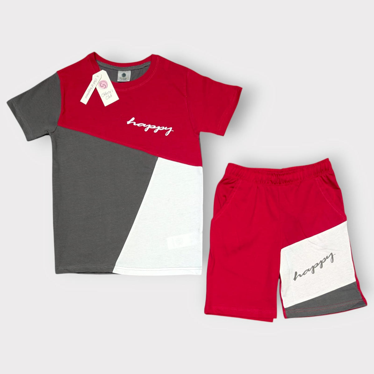 Happy Kids Summer Set – Red Color Block T-Shirt & Shorts