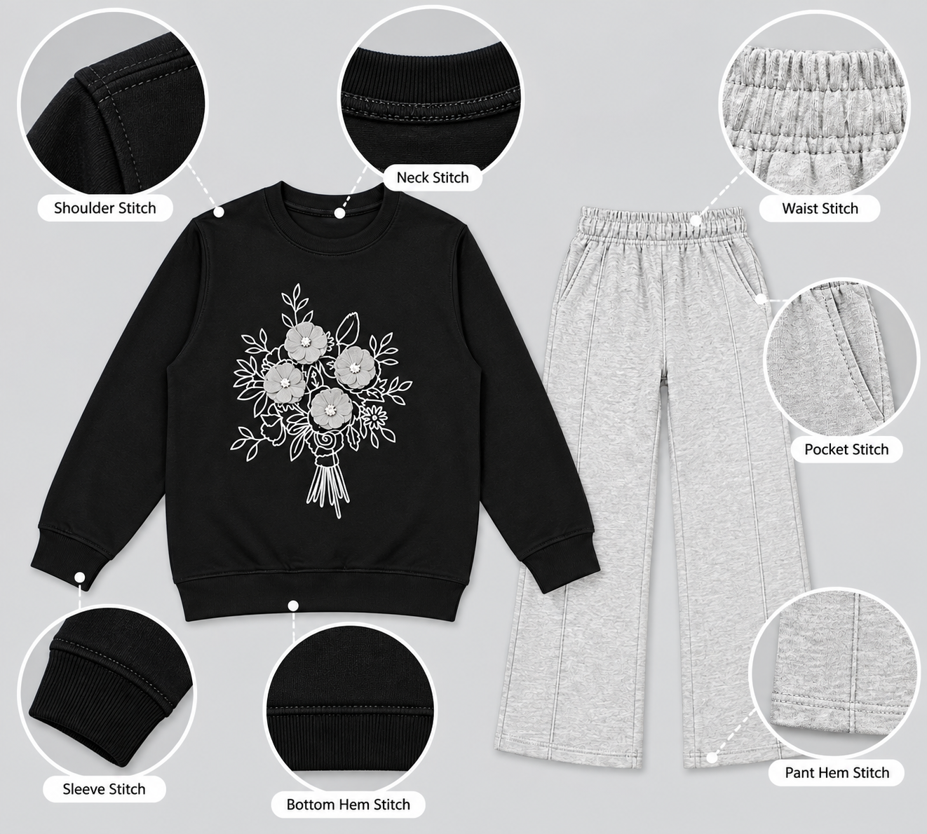 Kids’ Black Floral Sweatshirt & Light Grey Jogger Set