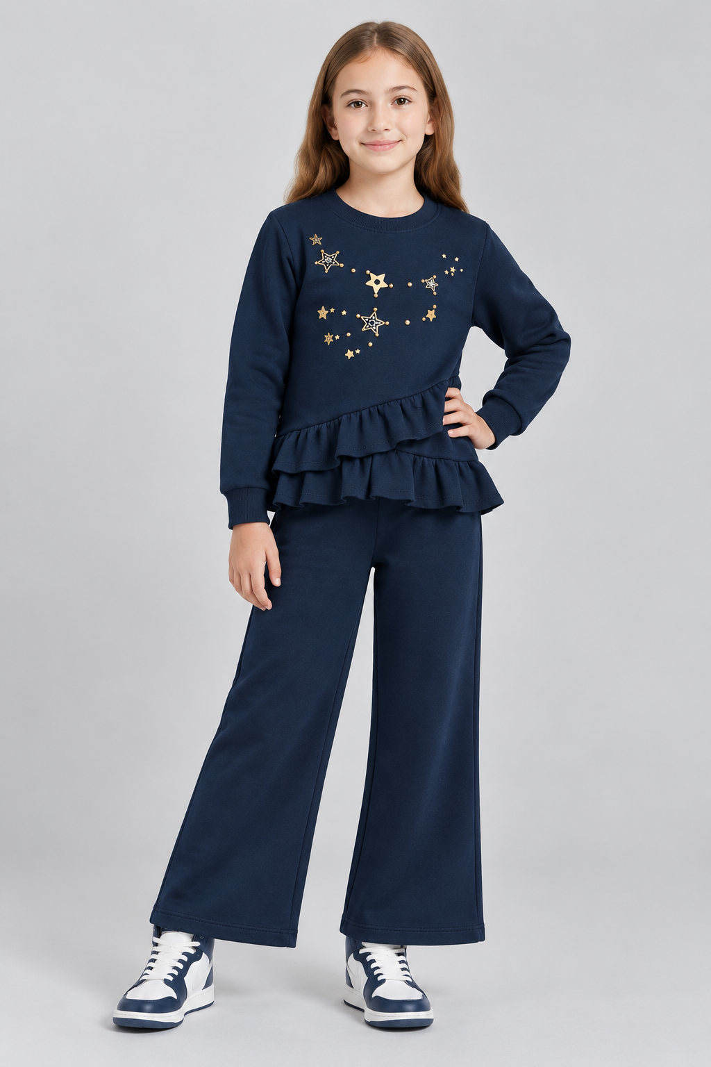 Girls Star Embellished Ruffle Top & Wide-Leg Pants Set