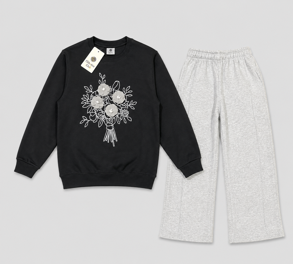 Kids’ Black Floral Sweatshirt & Light Grey Jogger Set