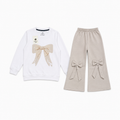 Girls Bow Detail Sweatshirt & Wide-Leg Pants Set – White & Beige