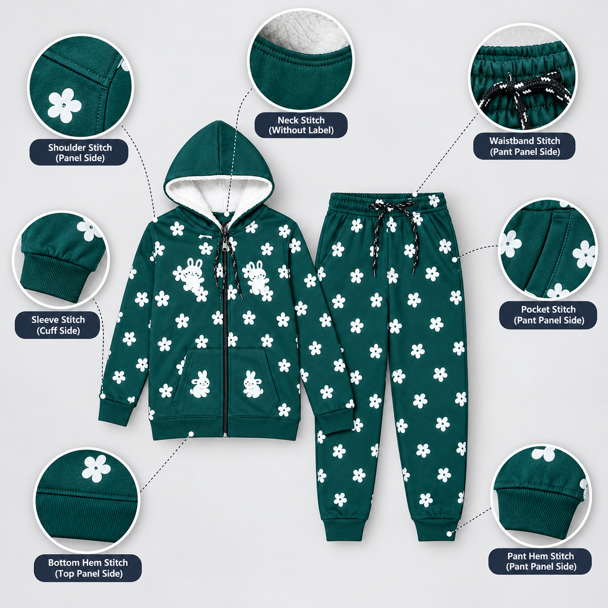 Kids Floral & Bunny Print Sherpa-Lined Zip Hoodie Set