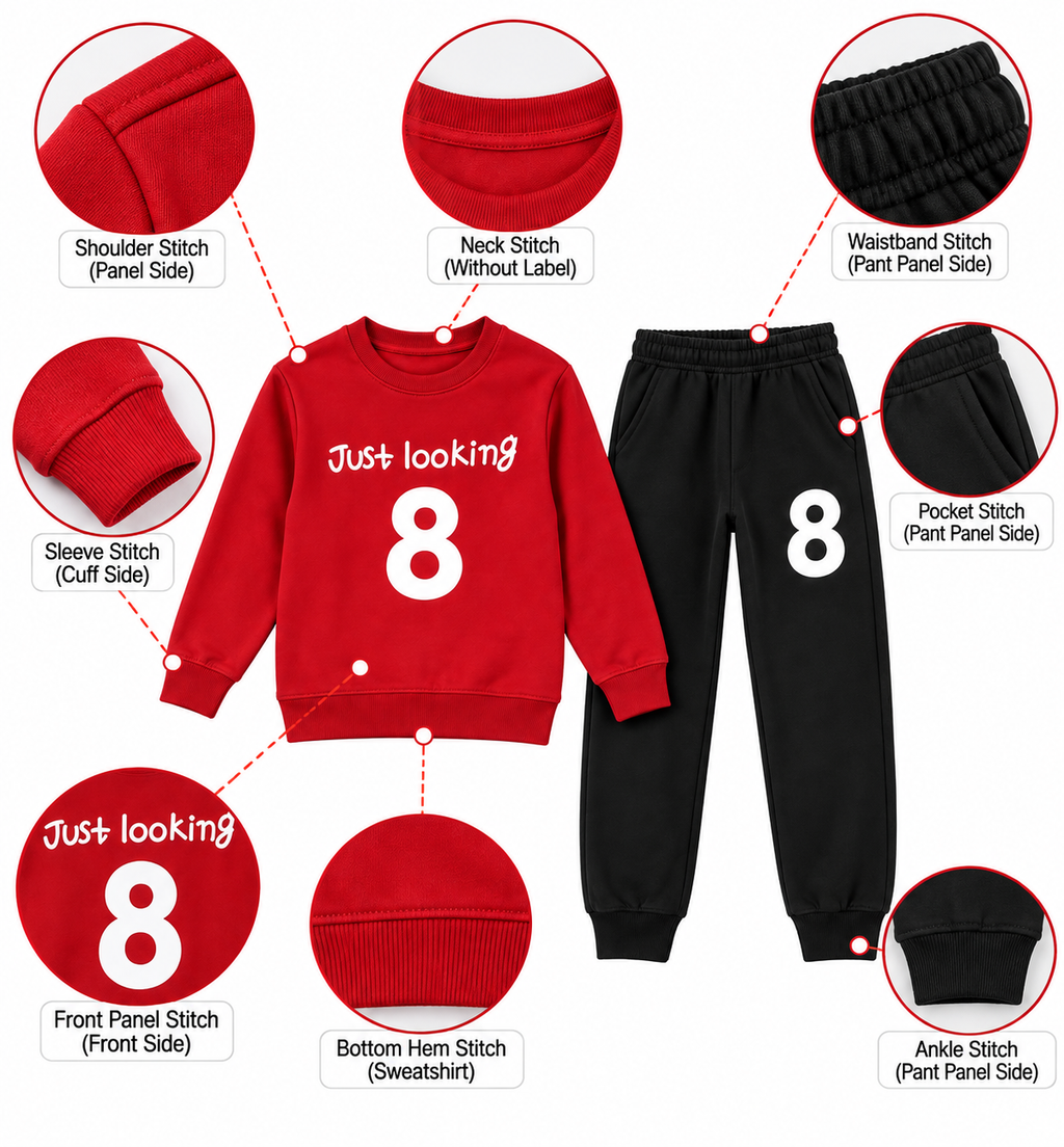 Kids "Just Looking 8" Red & Black Sweatshirt & Jogger Set | Boys Number 8 Fleece Tracksuit