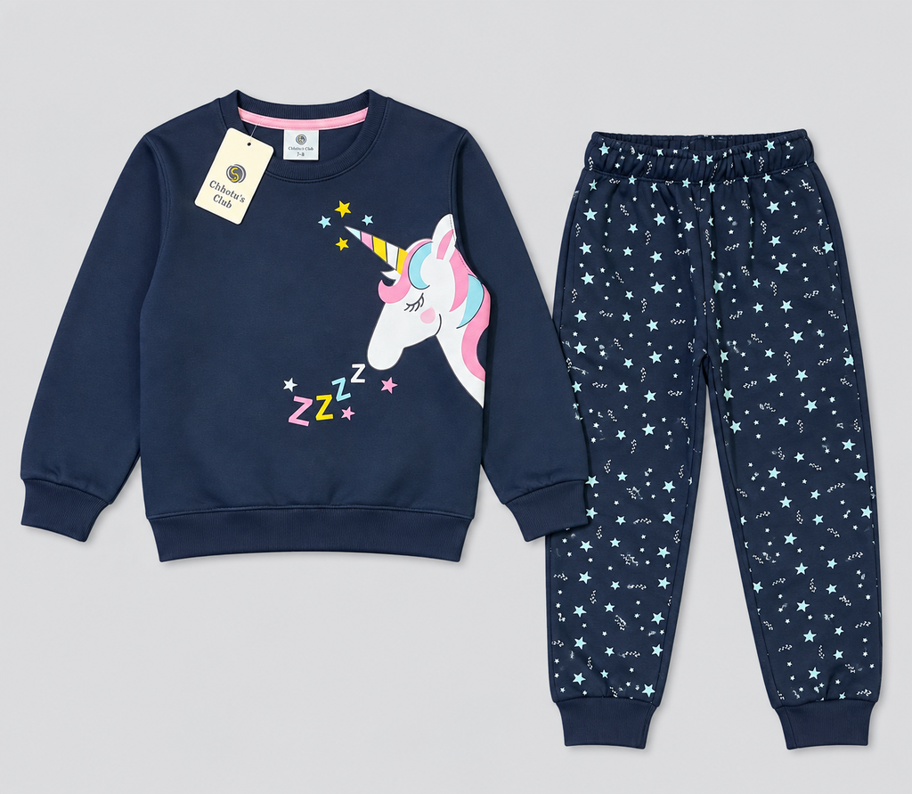 Girls Magical Unicorn & Star Sweatshirt & Joggers Set – Navy Blue Winter Tracksuit