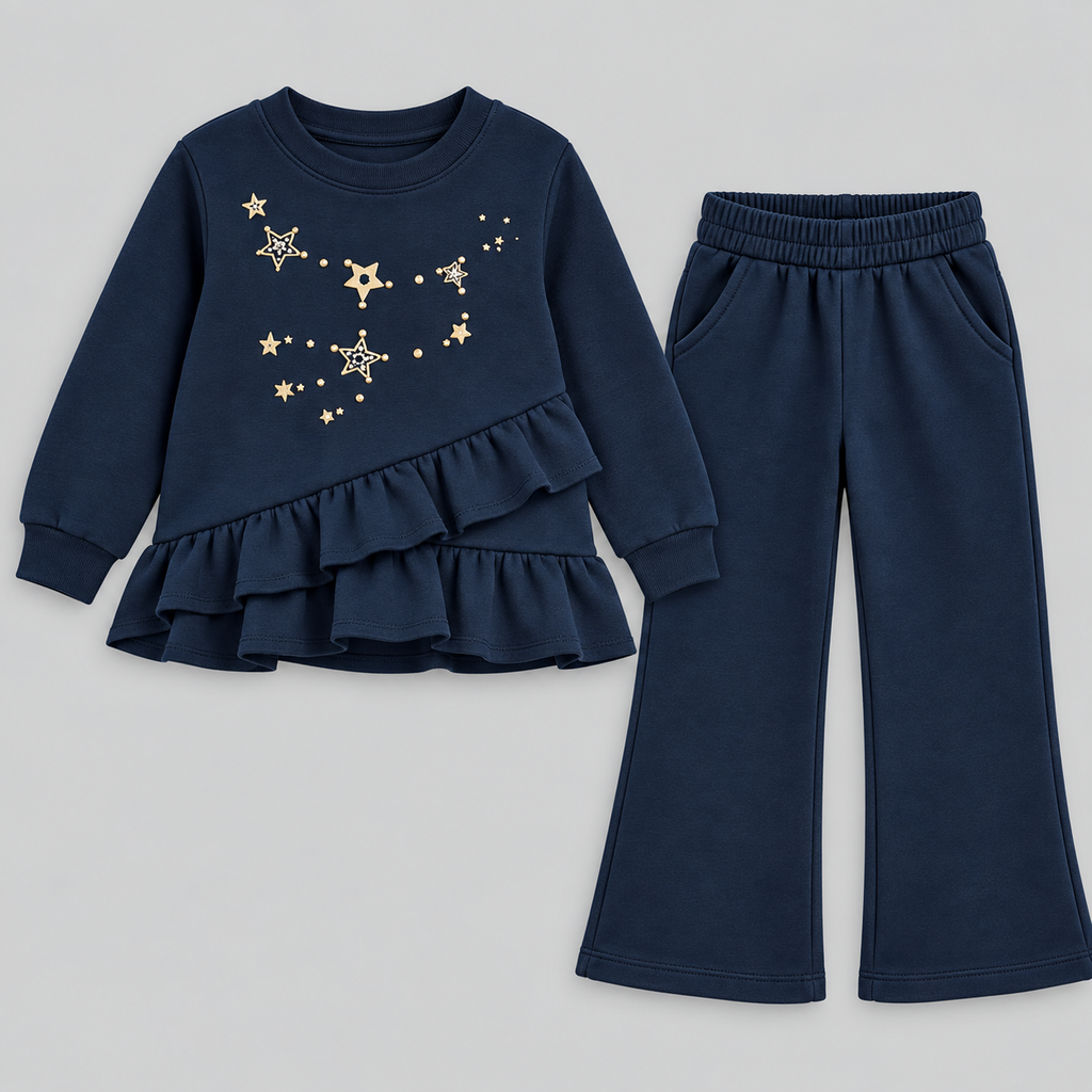 Girls Star Embellished Ruffle Top & Wide-Leg Pants Set