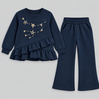 Girls Star Embellished Ruffle Top & Wide-Leg Pants Set