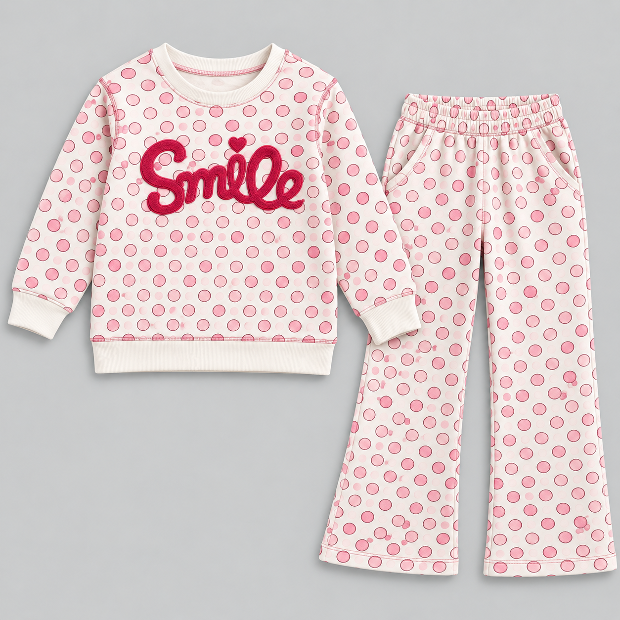 Girls Smile Polka Dot Top & Wide-Leg Pants Set