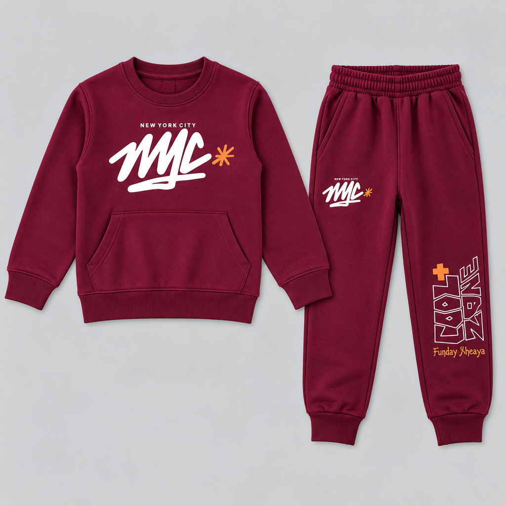 Kids "UNLIMITED" Maroon Sweatshirt & Jogger Set | Boys NYC Graphic Fleece Tracksuit
