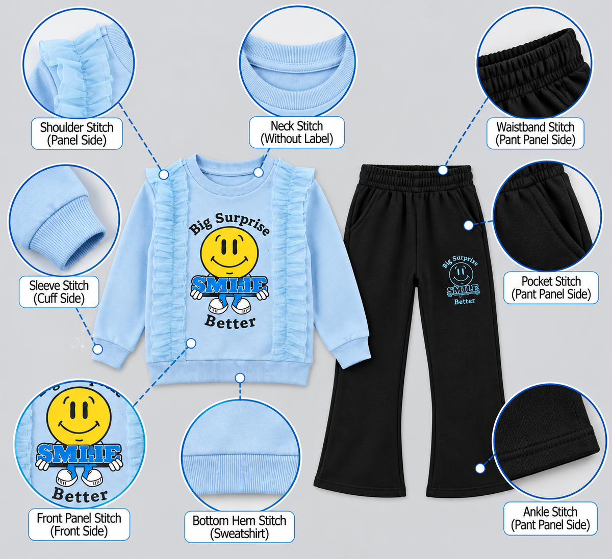 Girls "Big Surprise Smile Better" Ruffle Sweatshirt & Flapper Trousers Set | Blue & Black Fleece Outfit