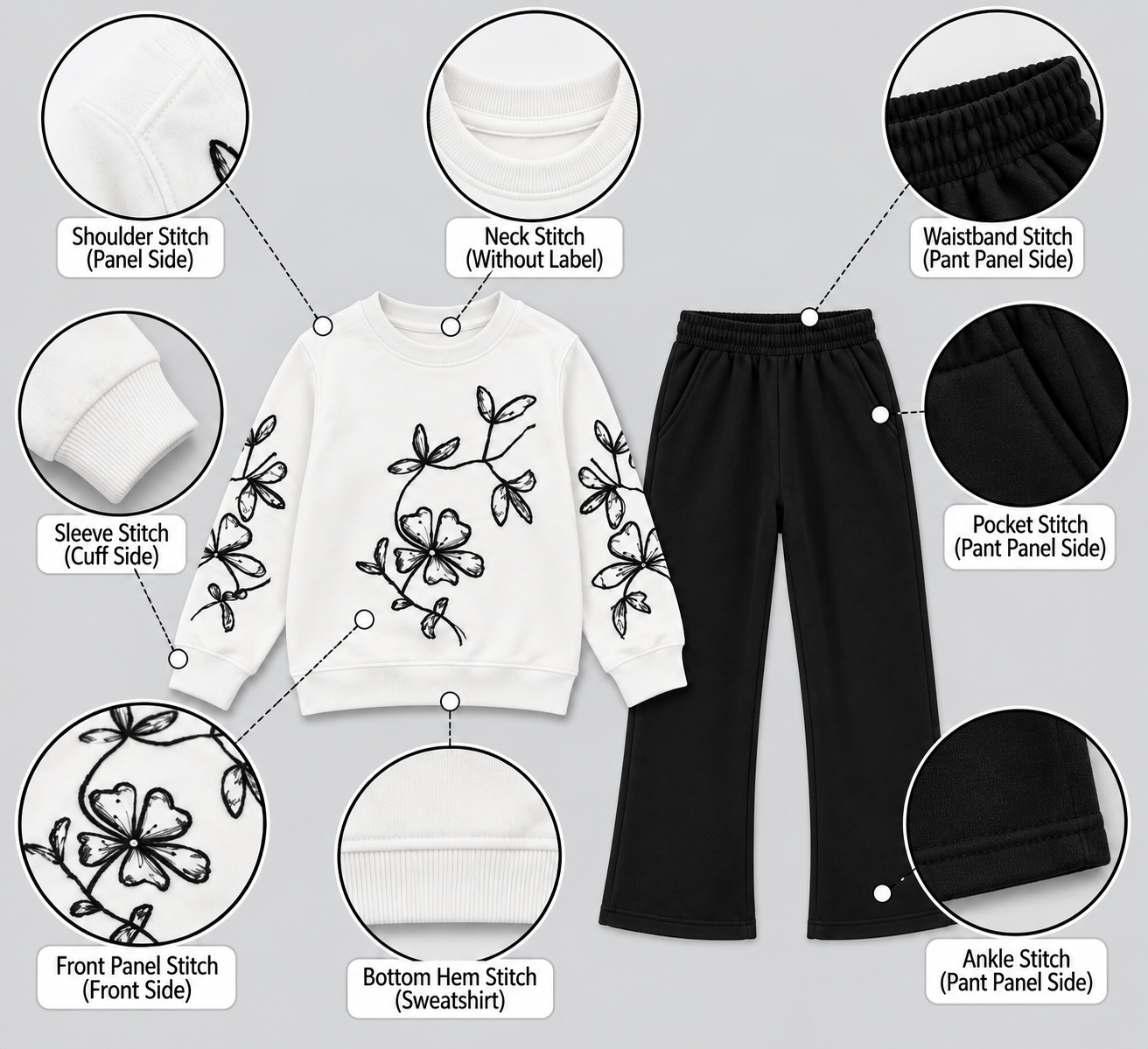 Girls Floral Embroidery White Sweatshirt & Flapper Trousers Set | Black & White Fleece Outfit
