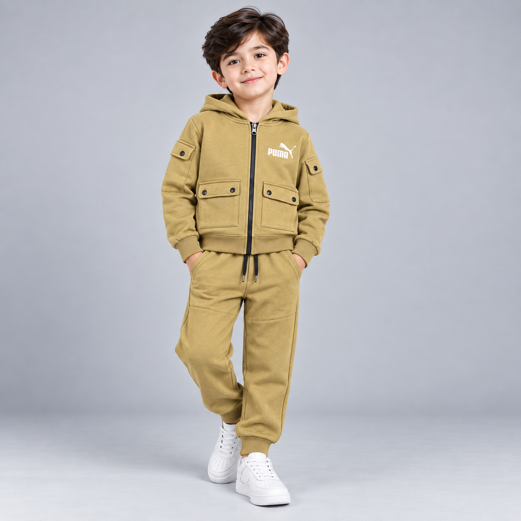 Kids Hooded Zip-Up Cargo Tracksuit Set
