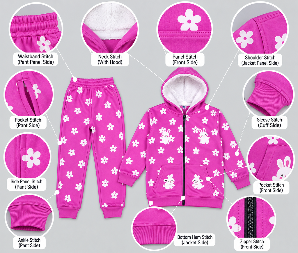 Girls Warm Floral & Bunny Fleece Tracksuit – Pink Winter Hooded Suit