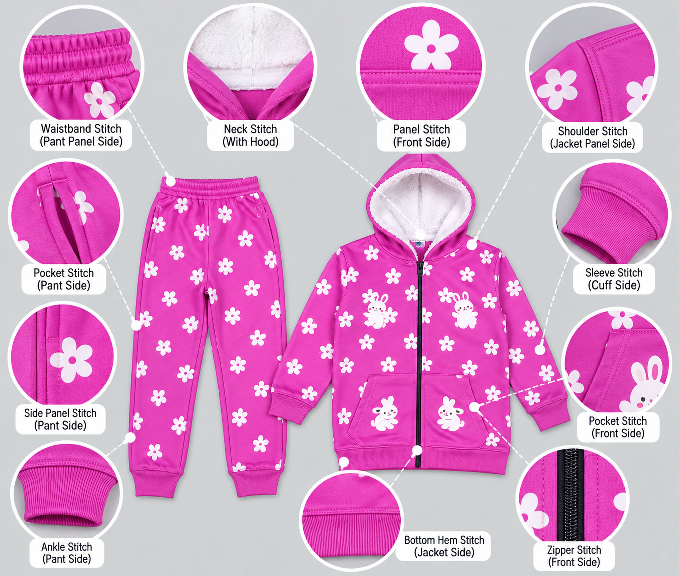 Girls Warm Floral & Bunny Fleece Tracksuit – Pink Winter Hooded Suit