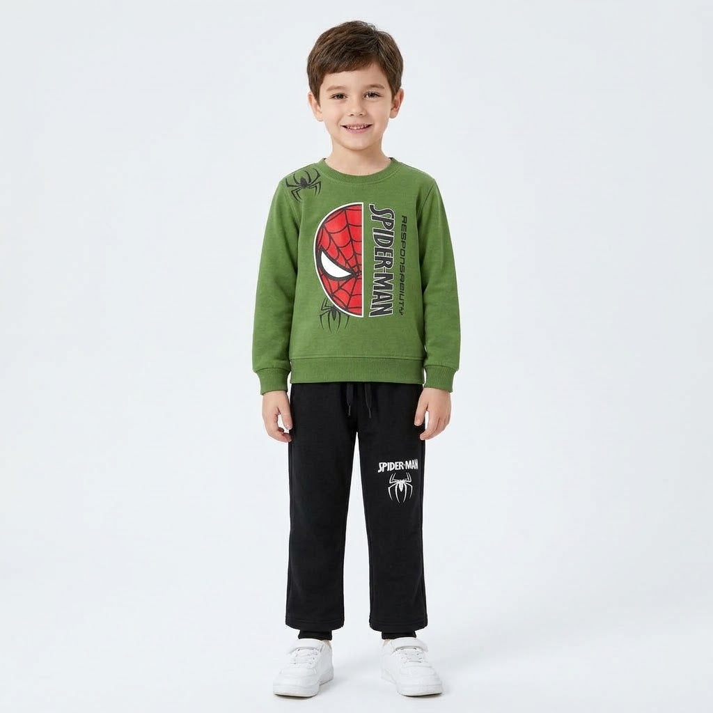 Boys Olive Green & Black Spider-Man Printed Sweatshirt & Trackpants Set
