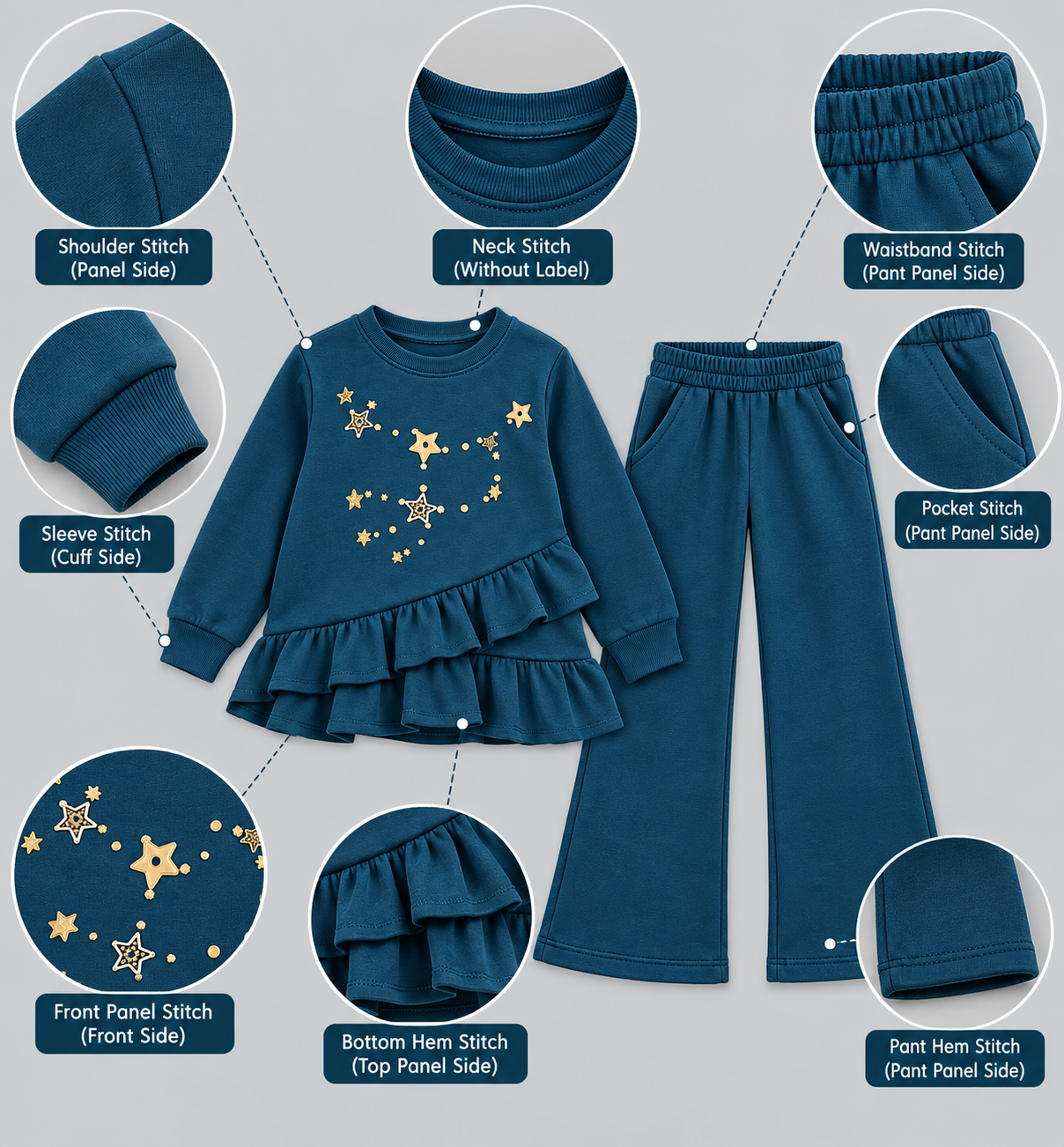 Girls Star Embellished Ruffle Top & Wide-Leg Pants Set
