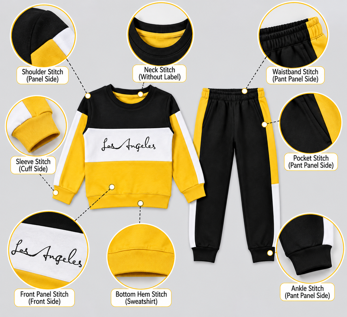 Kids "Los Angeles" Color-Block Sweatshirt & Jogger Set | Boys Black, Yellow & White Tracksuit