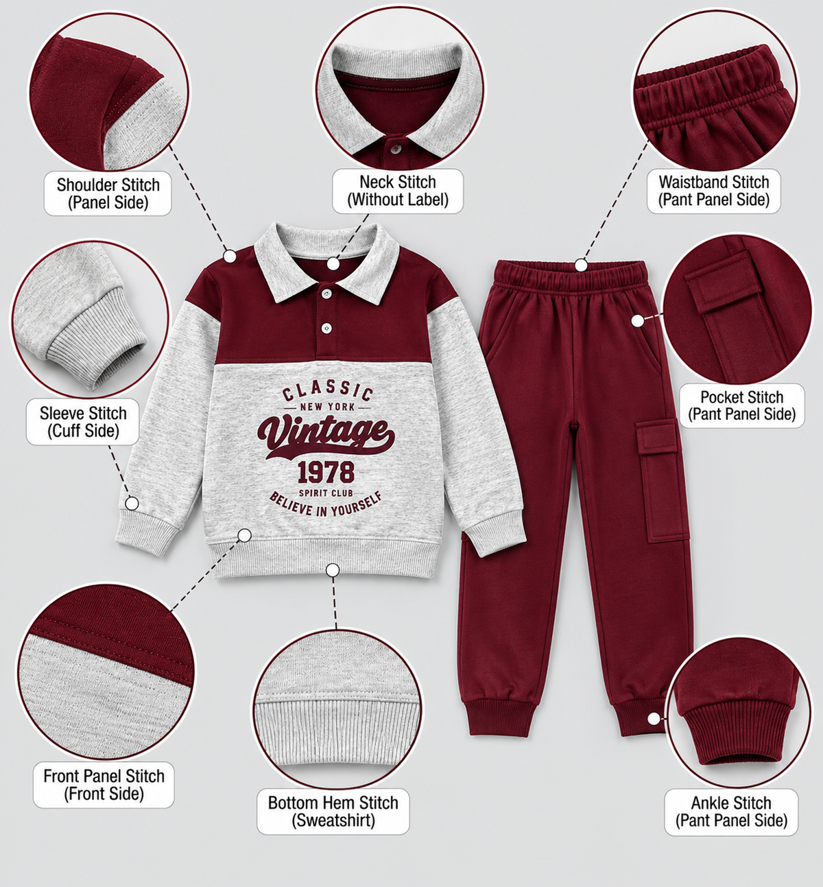 Kids "Classic Vintage 1978" Polo Tracksuit | Boys Maroon & Grey Fleece Outfit