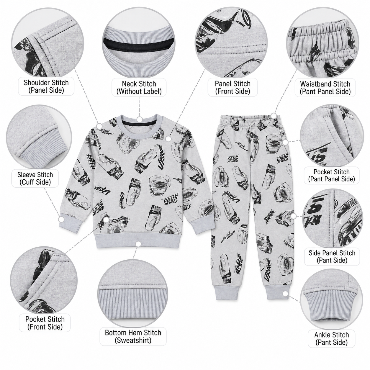 Kids All-Over Car Print Grey Sweatshirt & Jogger Set | Boys Vroom Streetwear Tracksuit