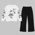 Girls Floral Embroidery White Sweatshirt & Flapper Trousers Set | Black & White Fleece Outfit