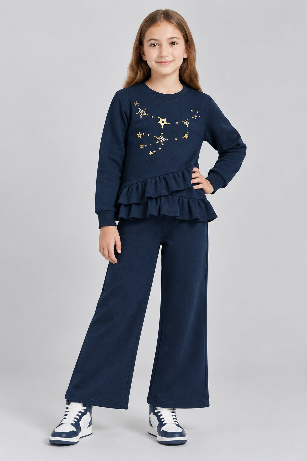 Girls Star Embellished Ruffle Top & Wide-Leg Pants Set