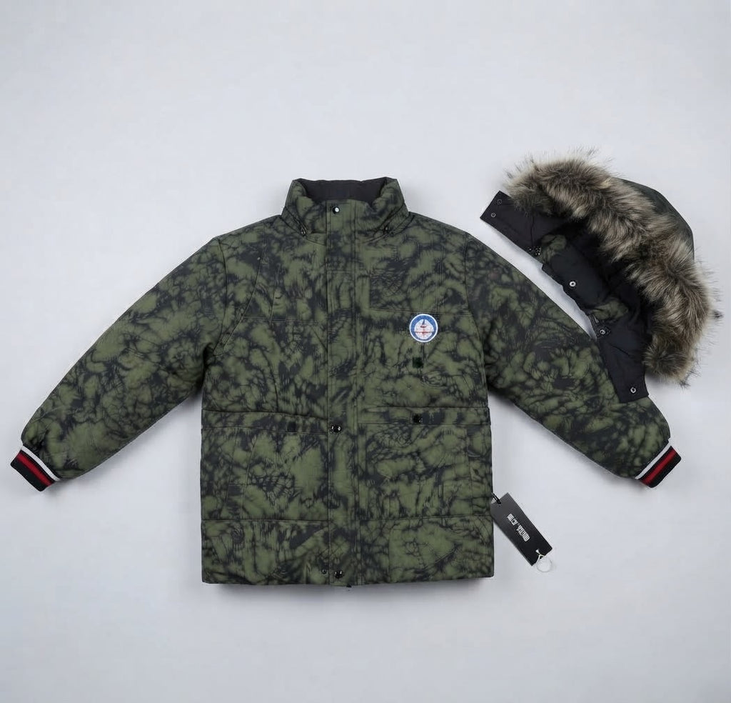 Kids Olive Green Tie-Dye Faux Fur-Lined Winter Puffer Jacket | Boys Hooded Coat with Fur Trim