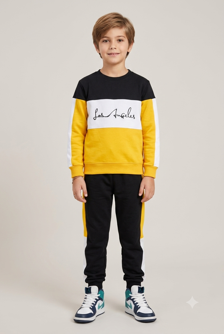 Kids "Los Angeles" Color-Block Sweatshirt & Jogger Set | Boys Black, Yellow & White Tracksuit