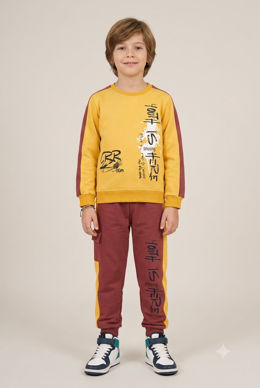 Kids "Youth Is Here" Mustard & Maroon Sweatshirt & Jogger Set | Boys Streetwear Fleece Tracksuit