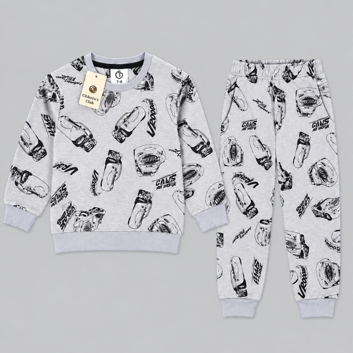 Kids All-Over Car Print Grey Sweatshirt & Jogger Set | Boys Vroom Streetwear Tracksuit