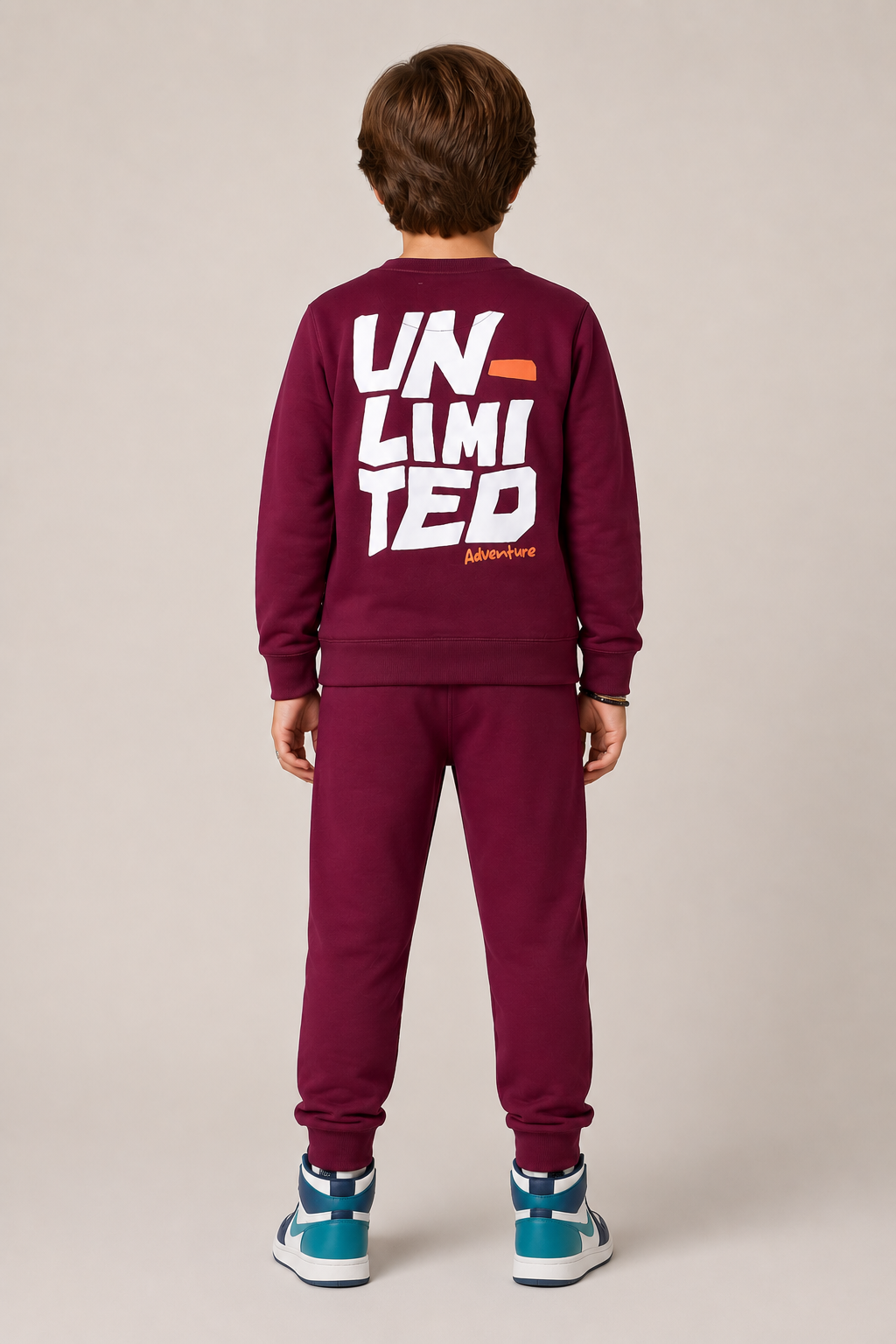 Kids "UNLIMITED" Maroon Sweatshirt & Jogger Set | Boys NYC Graphic Fleece Tracksuit