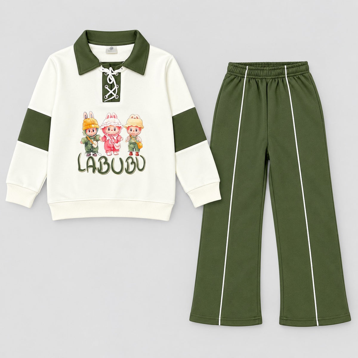 Girls’ Olive & Navy Graphic Sweatshirt with Matching Track Pants Set