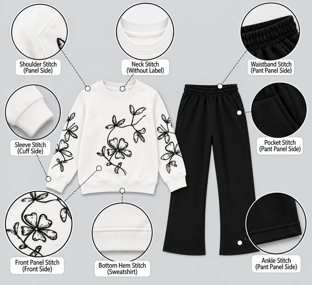 Girls Floral Embroidery White Sweatshirt & Flapper Trousers Set | Black & White Fleece Outfit