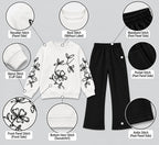 Girls Floral Embroidery White Sweatshirt & Flapper Trousers Set | Black & White Fleece Outfit