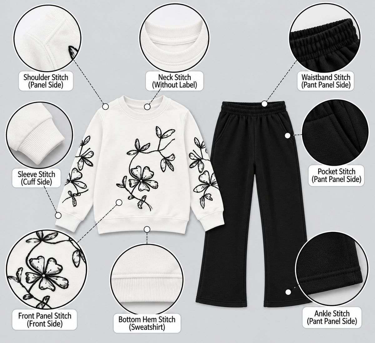 Girls Floral Embroidery White Sweatshirt & Flapper Trousers Set | Black & White Fleece Outfit