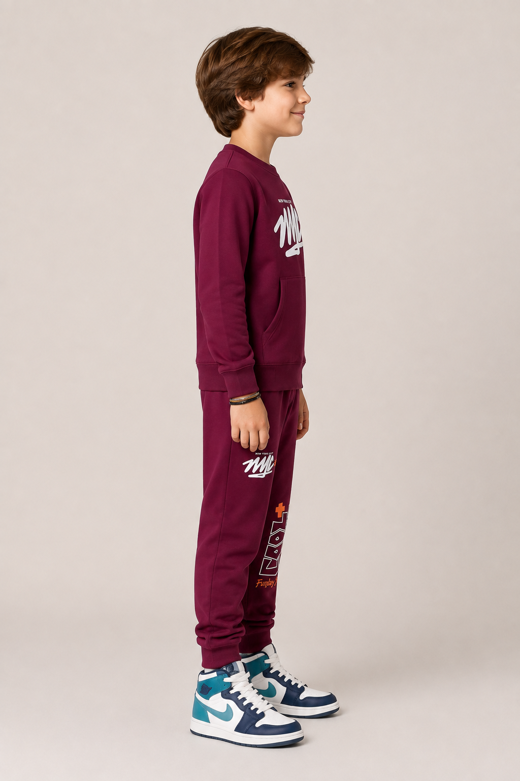 Kids "UNLIMITED" Maroon Sweatshirt & Jogger Set | Boys NYC Graphic Fleece Tracksuit