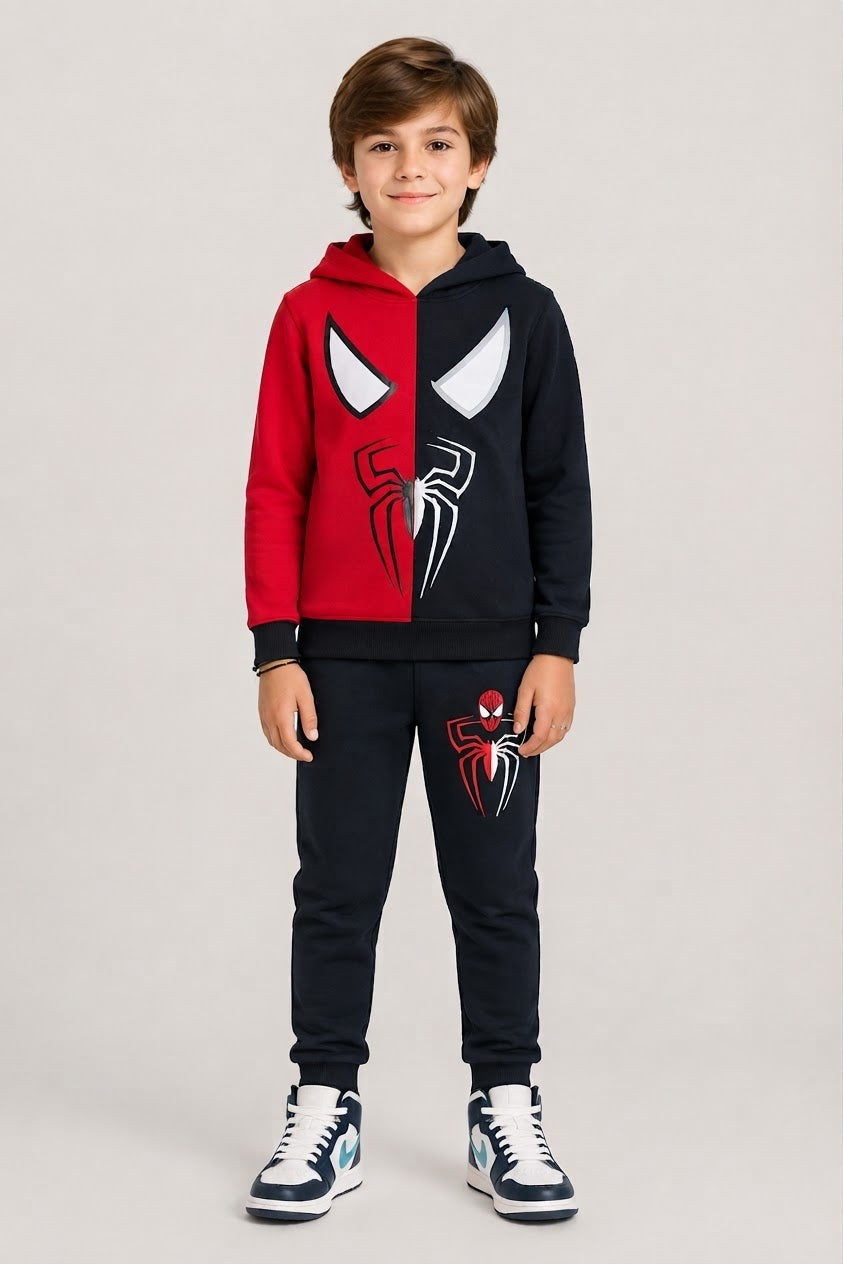 Kids Split-Color Spider-Man Hoodie & Jogger Set | Boys Red & Black Marvel Tracksuit